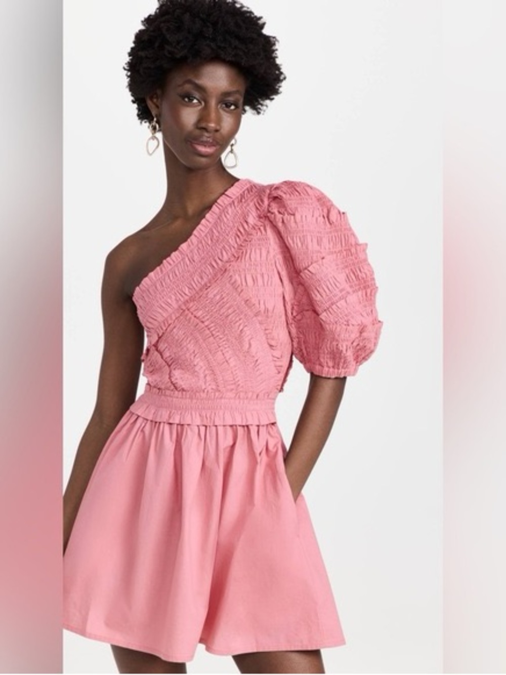 Sea New York One-Shoulder Puff-Sleeve Dress in Rose Pink